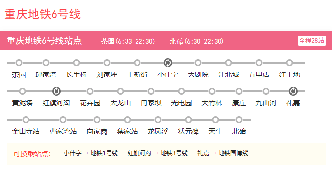 重庆轻轨6号线（全线站点图+开收班时间）